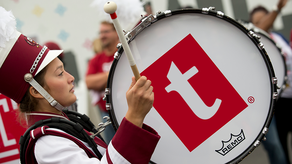 A lowercase "t" on the side of a Temple Marching Band drum as part of the university's April Fools joke of 2018. 