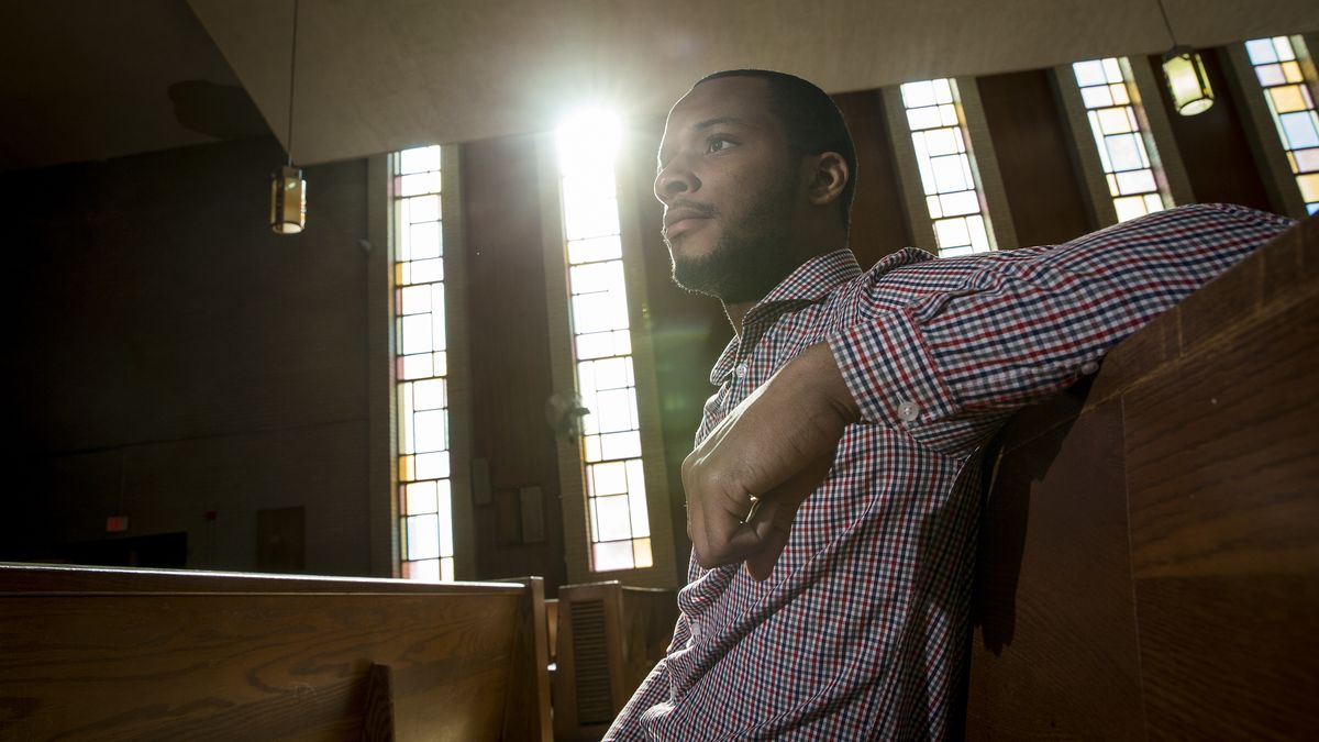 Hazim Hardeman sitting in the pews at Graterford Prison, the topic of his Rhodes Scholarship esasy. 