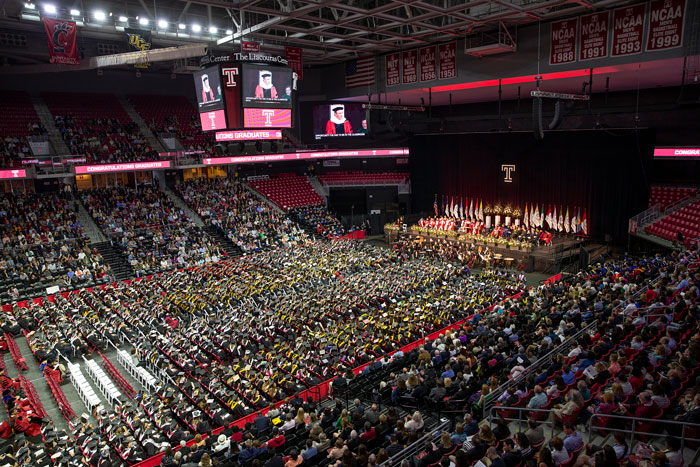 graduates and spectators filling the Liacouras Center