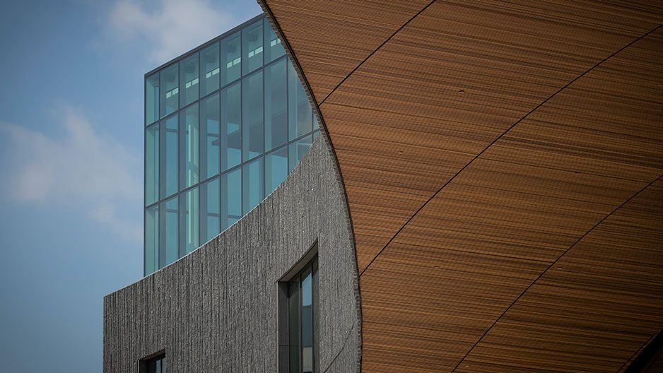 detailing on Charles Library exterior - glass, granite and wood