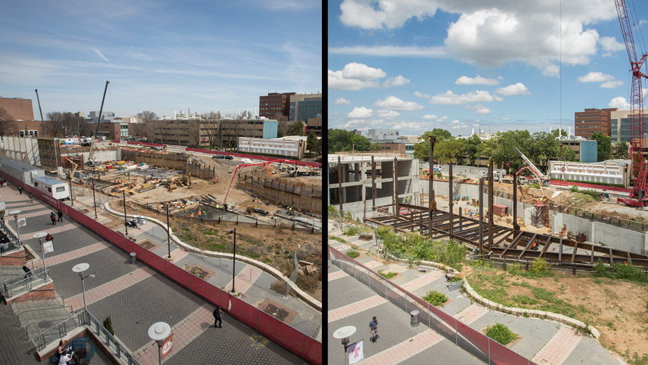 side by side photos showing library construction in April and July.