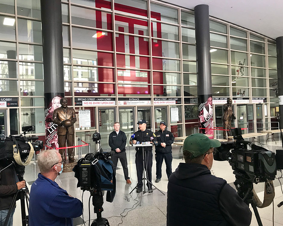 news conference outside Liacouras Center