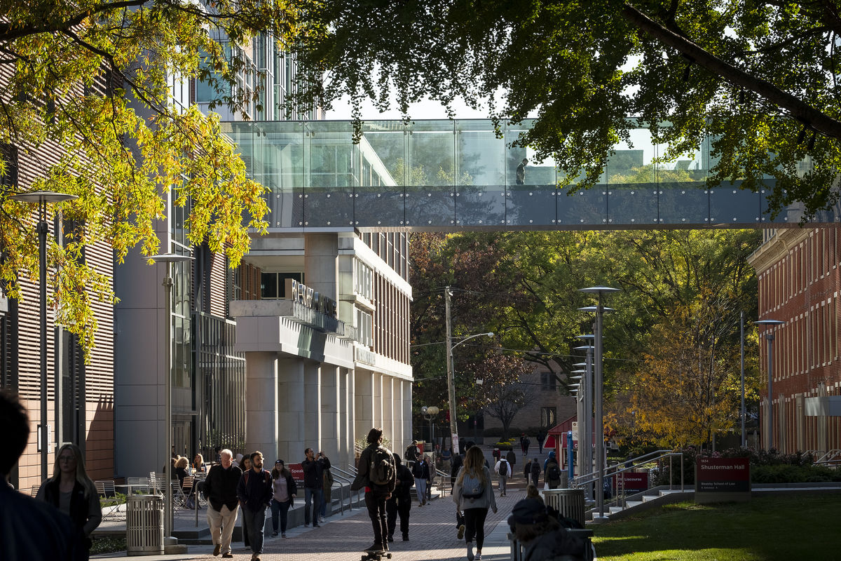 the glass skywalk connecting Speakman Hall to 1810 Liacouras Walk