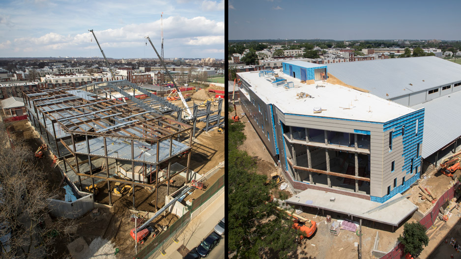 side by side photos showing progress on the Student Training and Recreation complex