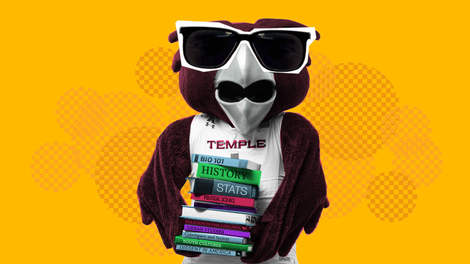 Hooter wearing sunglasses and holding a tall stack of books.