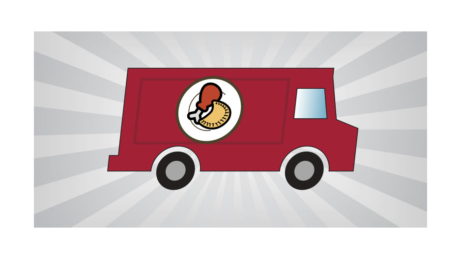An illustrated food truck with a chicken drumstick and a fried pastry on its side.