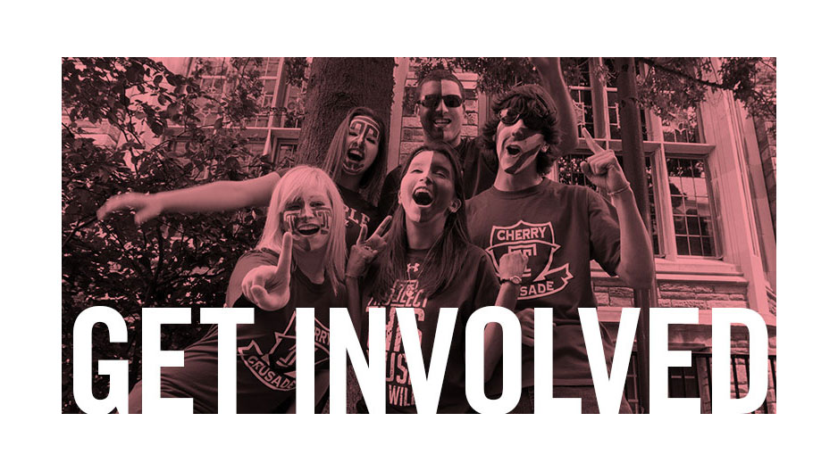 Temple students showing their Owl pride with text that reads "get involved". 