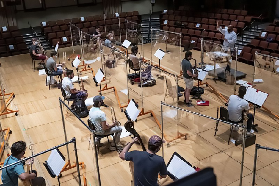 Socially-distance jazz band rehearsal