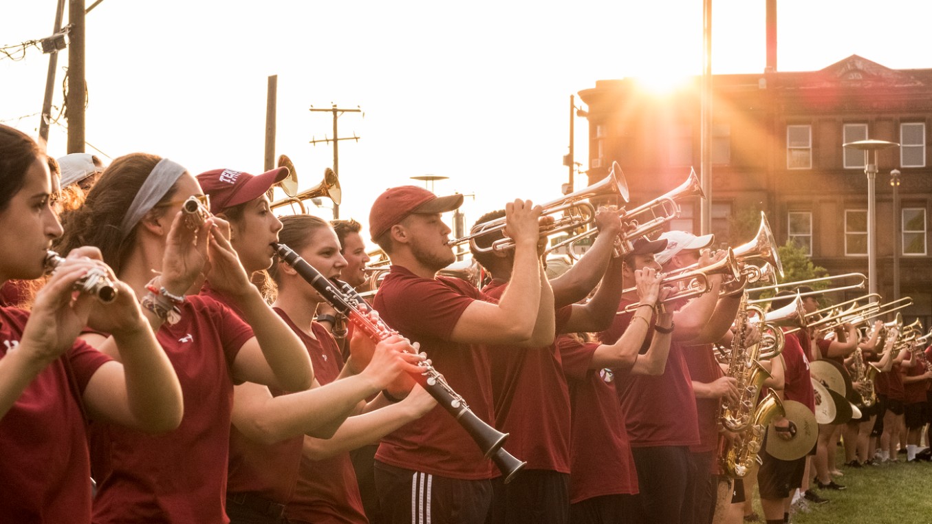 Image of Diamond Marching Band members rehearsing.