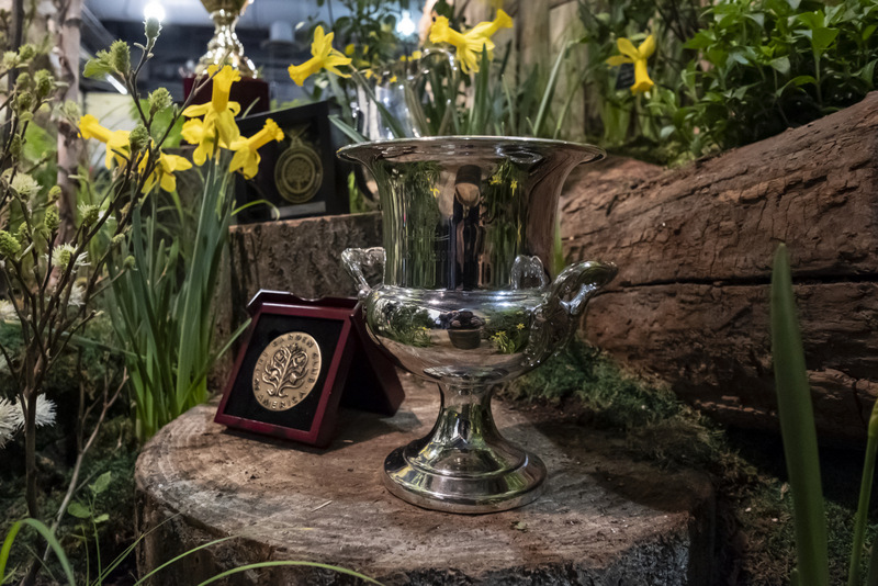 Awards sitting in the flower show exhibit