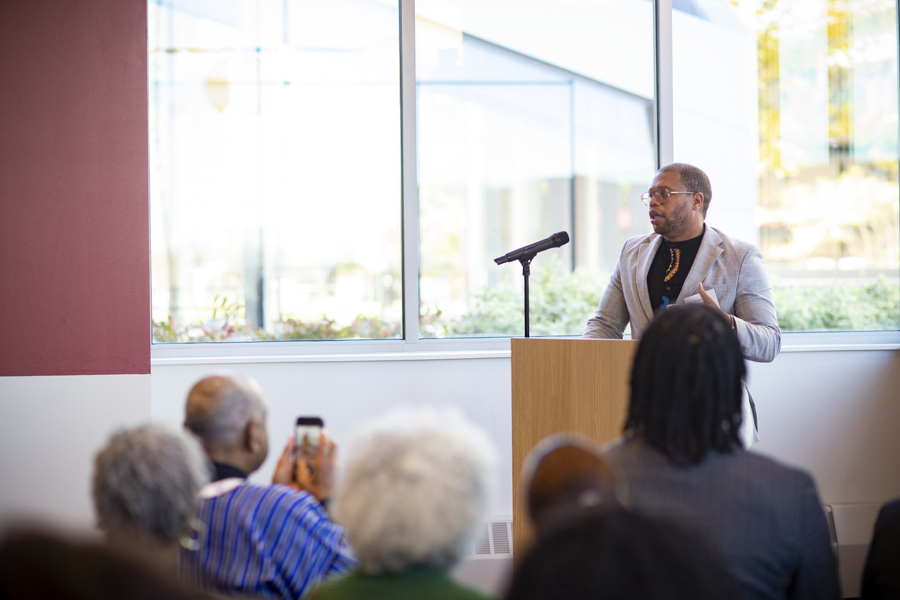 Timothy Welbeck speaking at the opening of the Center for Anti-Racism