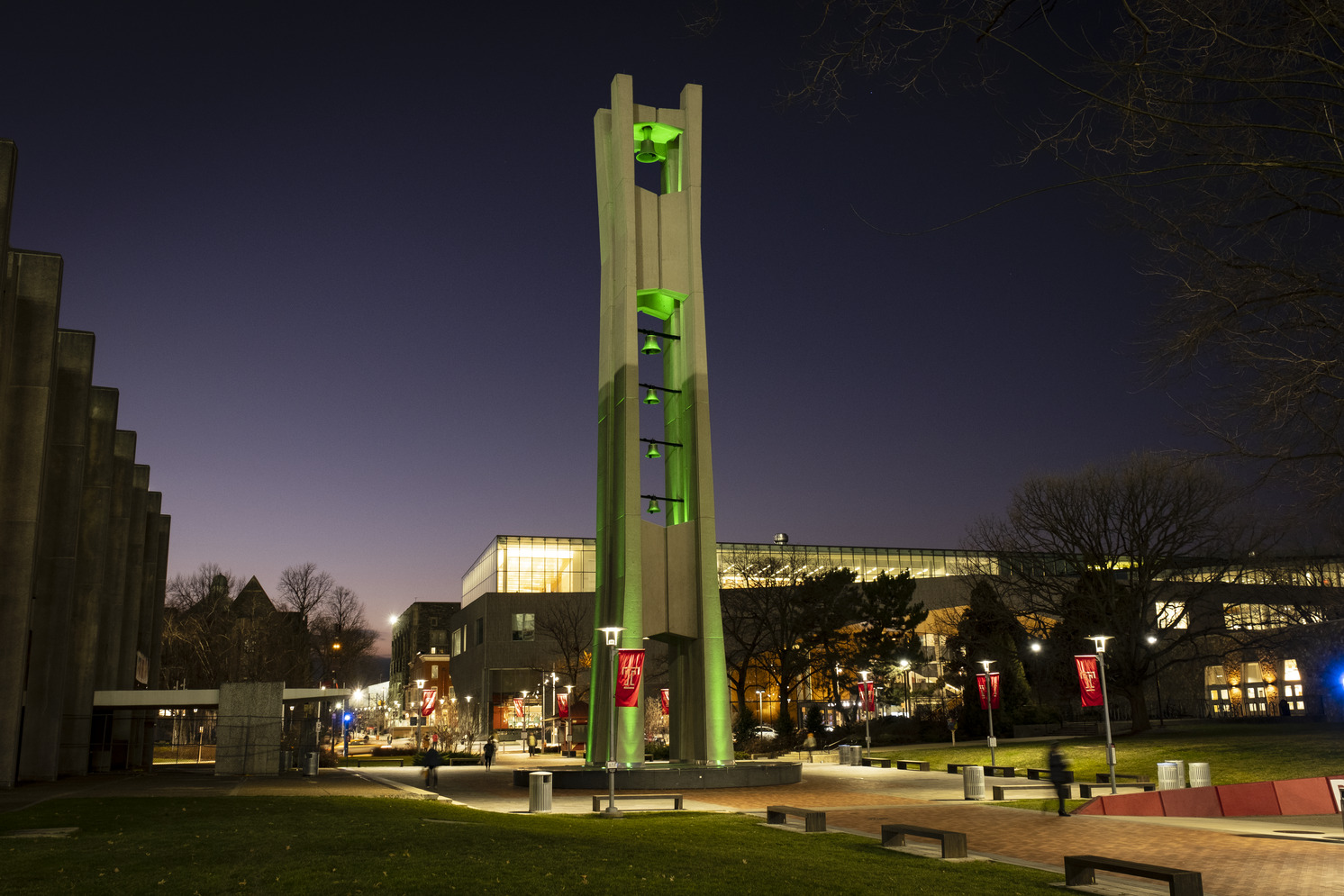 Bell Tower lit green pictured.