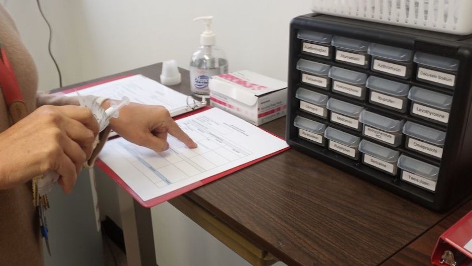 In the nursing department simulation, students filled medication orders for hospital patients while handling interruptions.