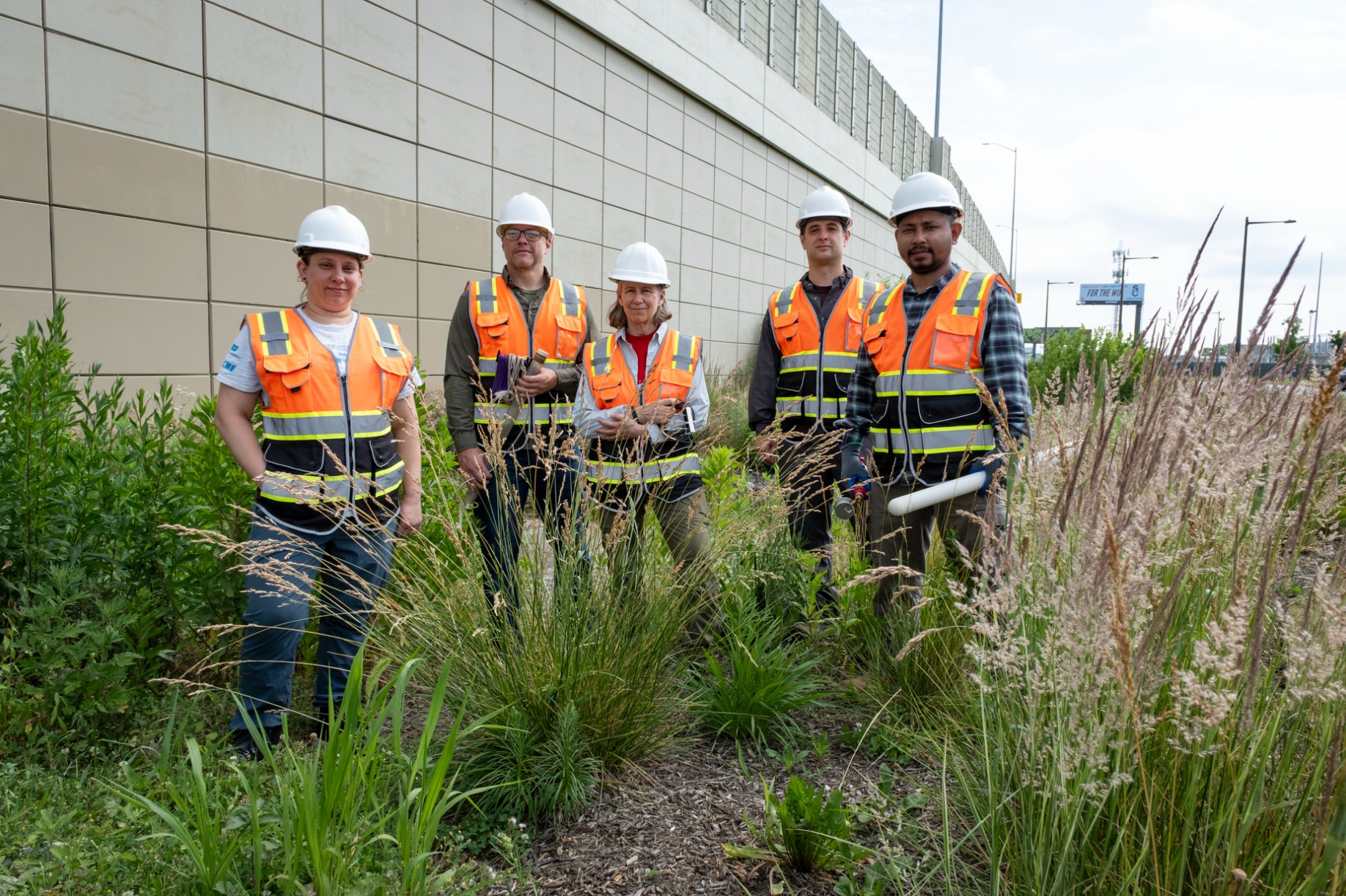 Image of the Temple research team in a bioinfiltration basin along I-95.
