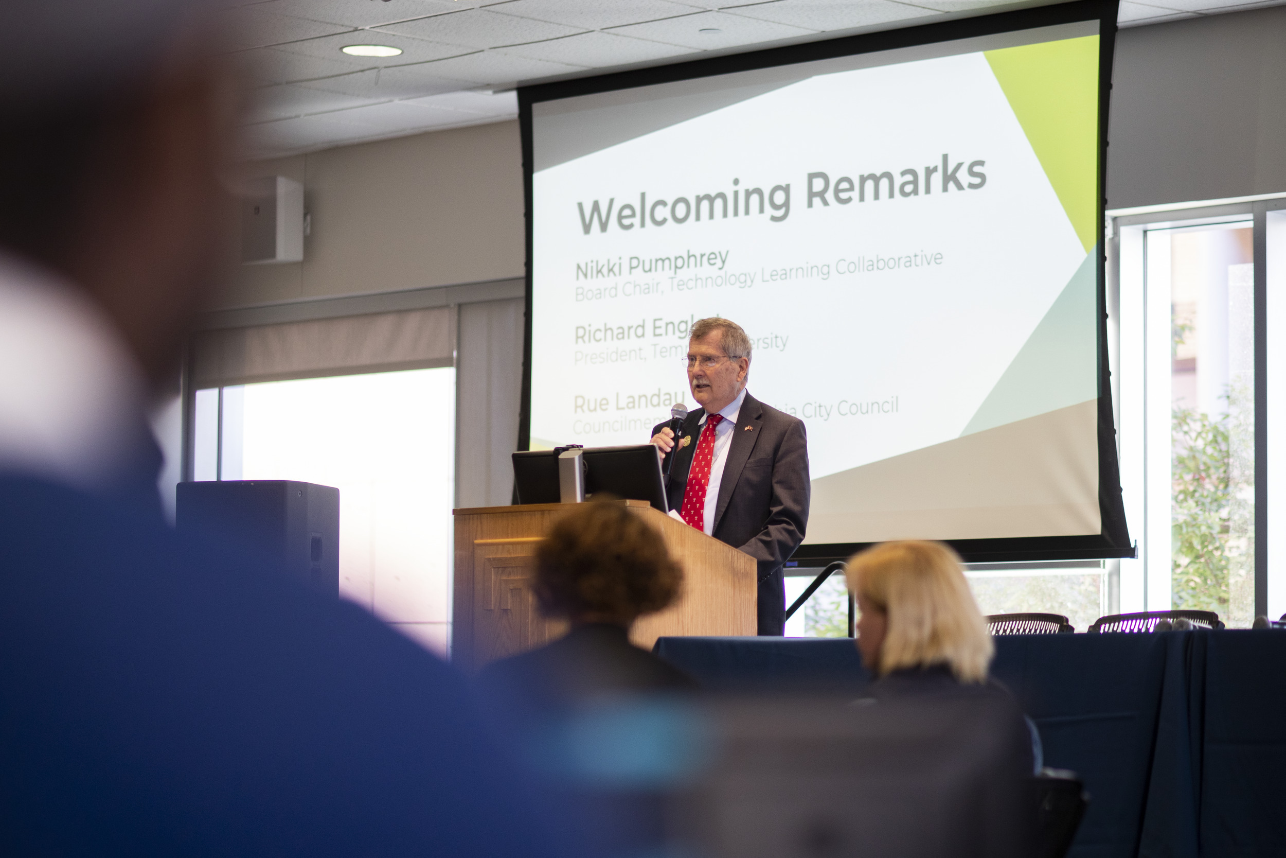 Temple University President Richard Englert provides welcoming remarks during the Technology Learning Collaborative’s annual conference. 