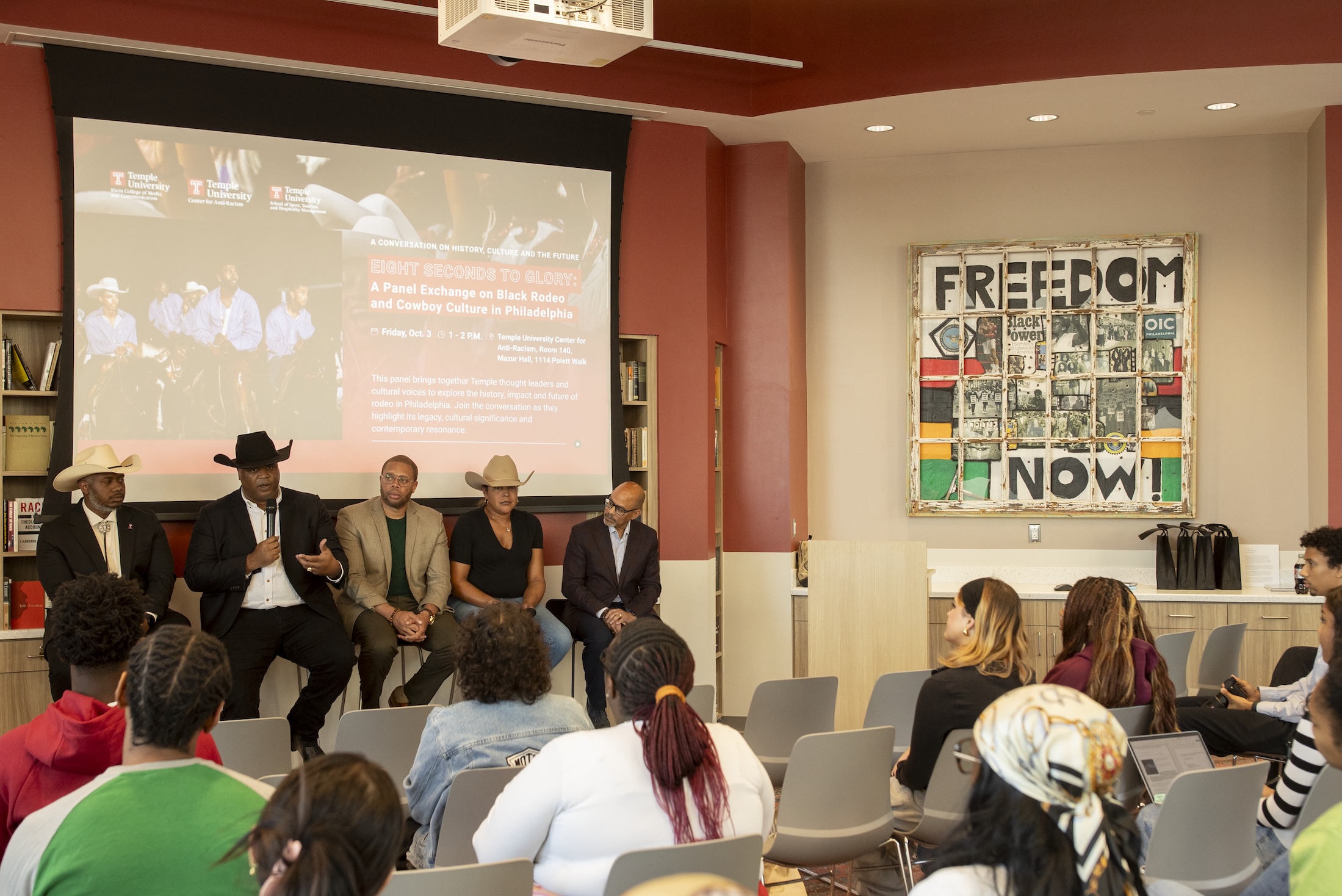 “8 Seconds to Glory” panel at Temple’s Center for Anti-Racism explored the historic legacy of cowboy culture, featuring David Brown, Ivan McClellan, Erin Brown, Jonathan Howe and Timothy Welbeck.
