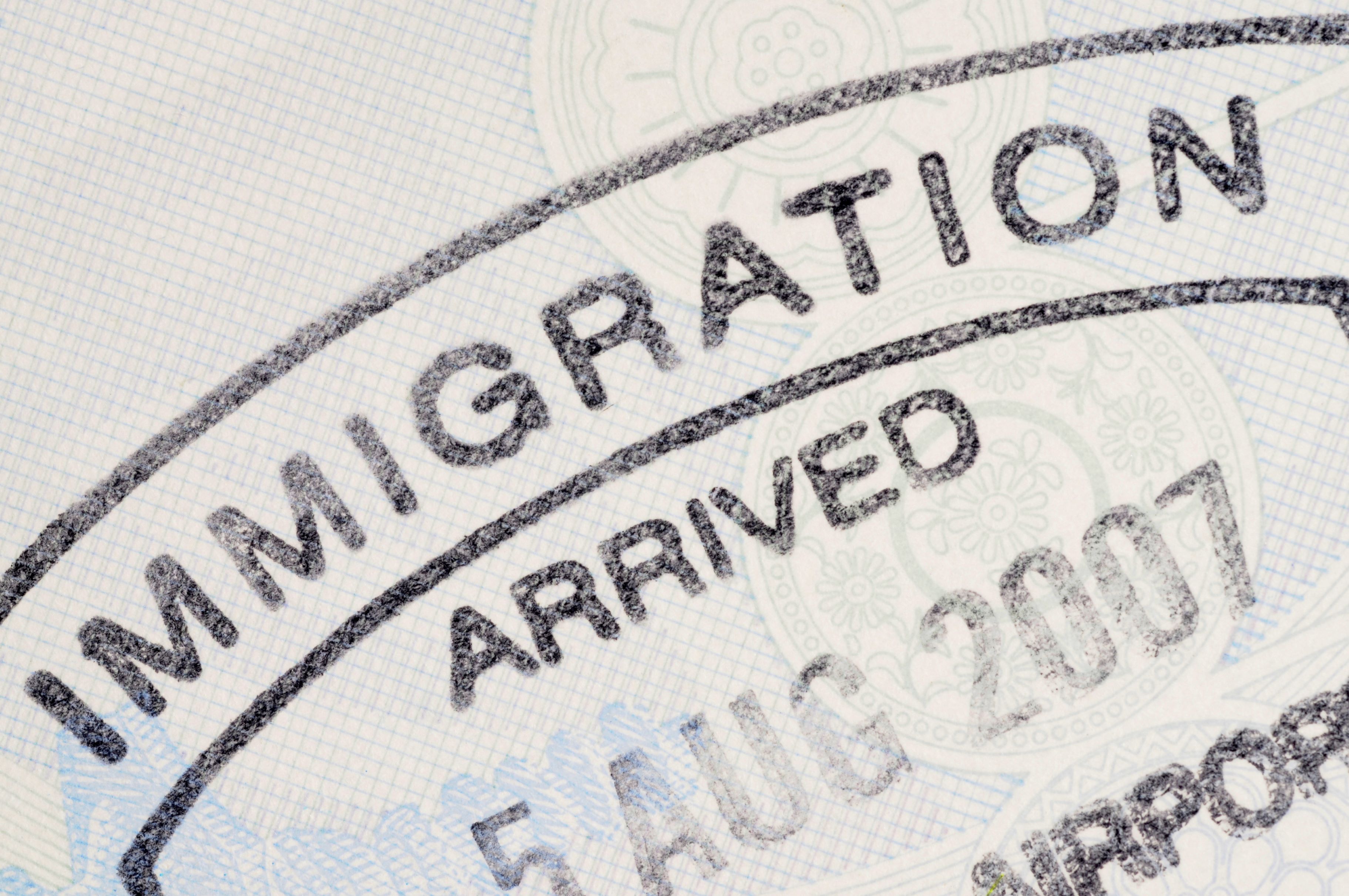 Close-up picture of an official immigration stamp