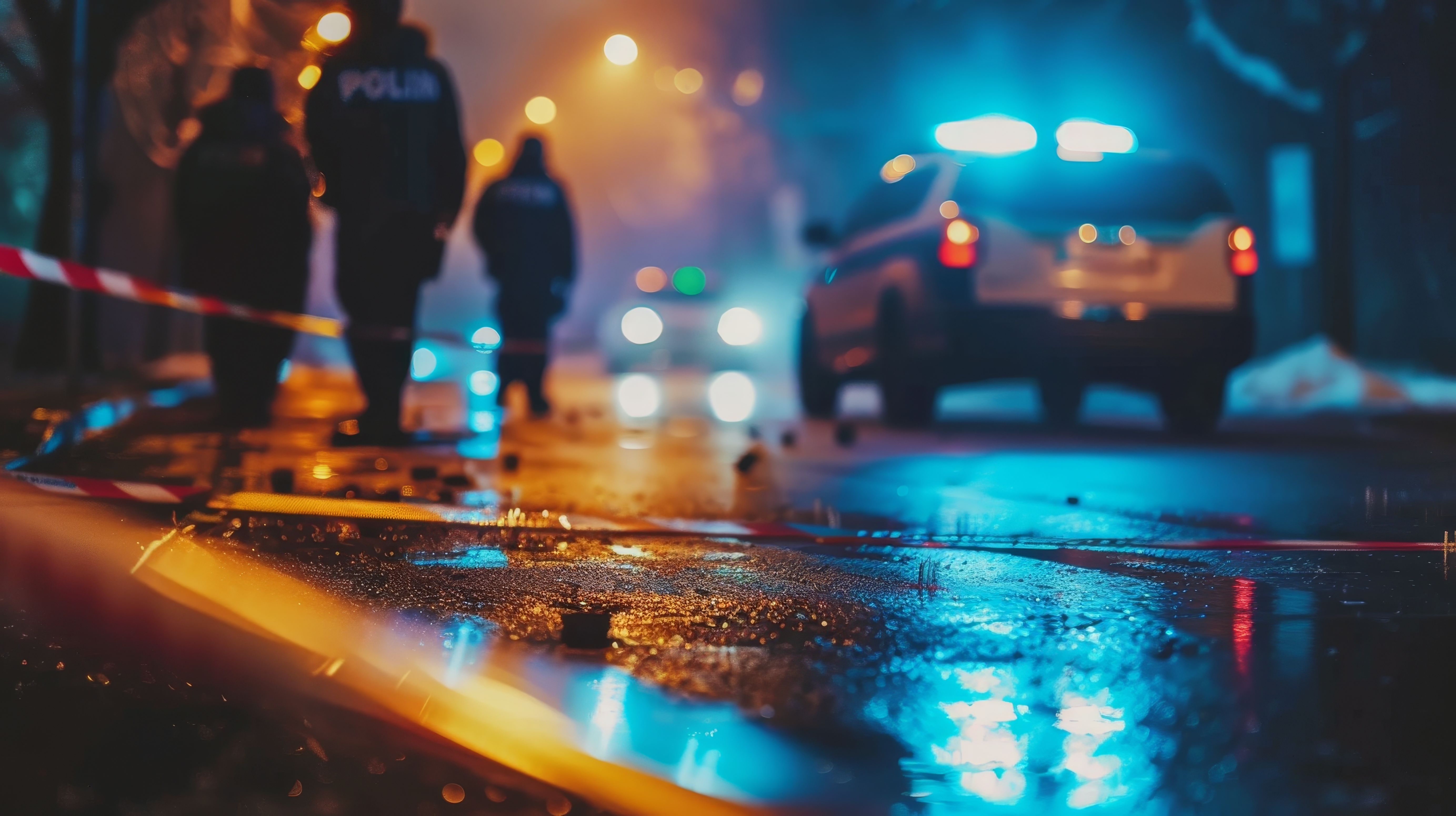 Police silhouetted on a dark wet night