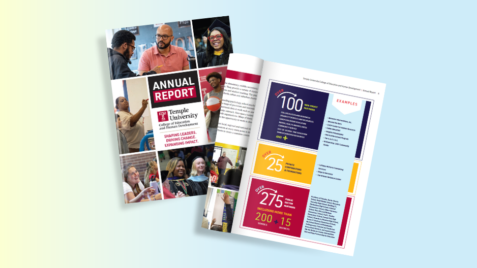 Graphic showing the cover of the annual report and an inside page reflecting community partnerships