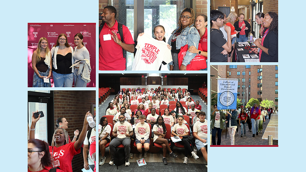 Collage from Convocation: Top: students at photo wall, staff with themed t-shirt, staff and students at info table. Bottom: students walk through hall, group in auditorium, faculty and students leave Ritter Hall with TU flag.