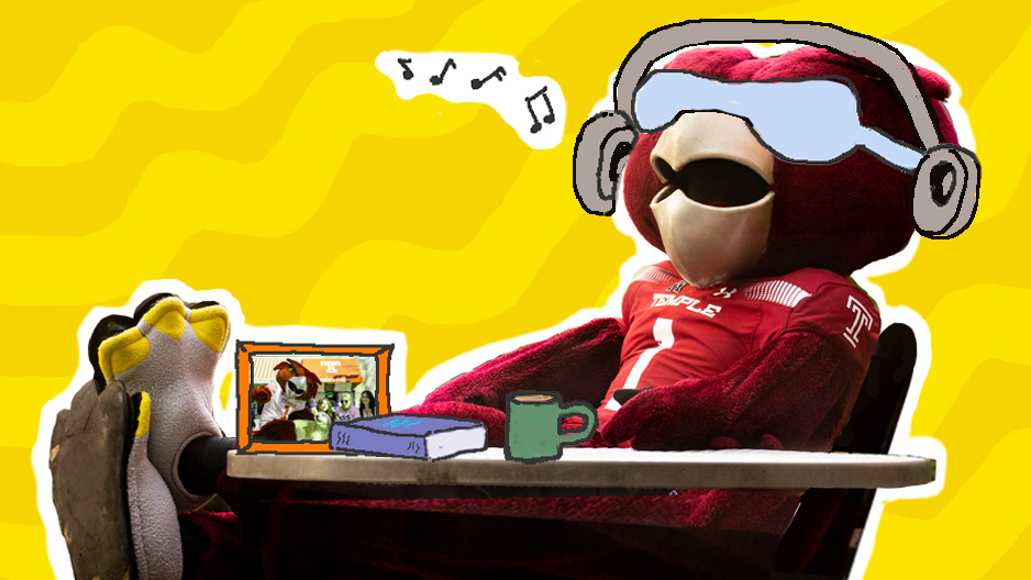 A graphic of Hooter lounging and listening to music