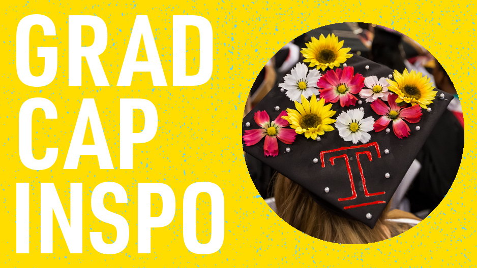 A graduation cap decorated with flowers and a Temple "T" with read that reads "grad cap inspo." 