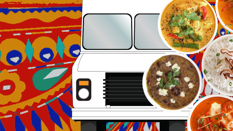Animated graphic of a food truck with various dishes rotating in front of it. 