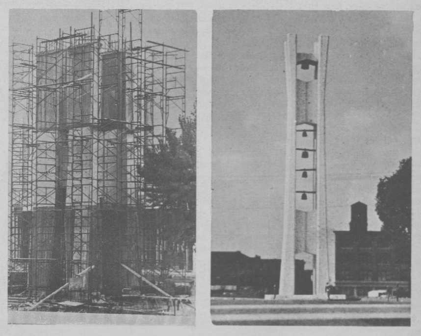 Two photos of the Bell Tower side-by-side. On the left is the Bell Tower in-construction with construction framing surrounding. On the right is an architect's rendering of a completed Bell Tower.