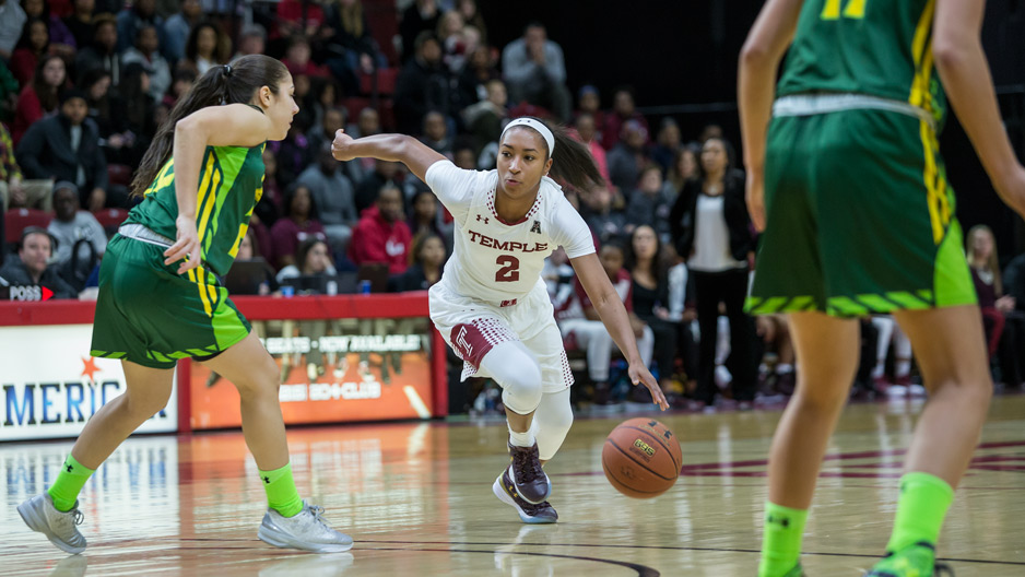 Temple's Feyonda Fitzgerald playing basketball against USF. 
