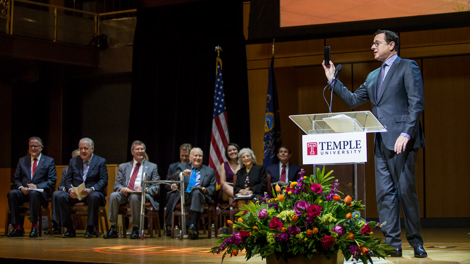 Bob Saget addresses the crowd during Klein College dedication