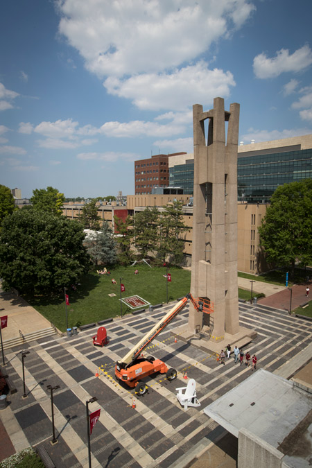 A crane resting by the Bell Tower.