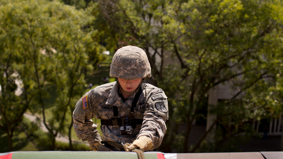 ROTC student preparing to rappel down a building on Temple's Main Campus