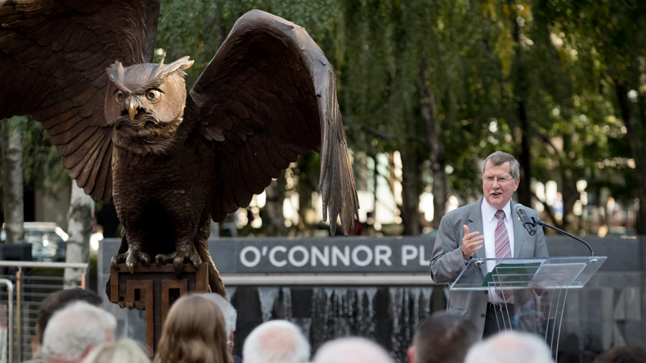 President Richard Englert speaking during O'Connor Plaza dedication