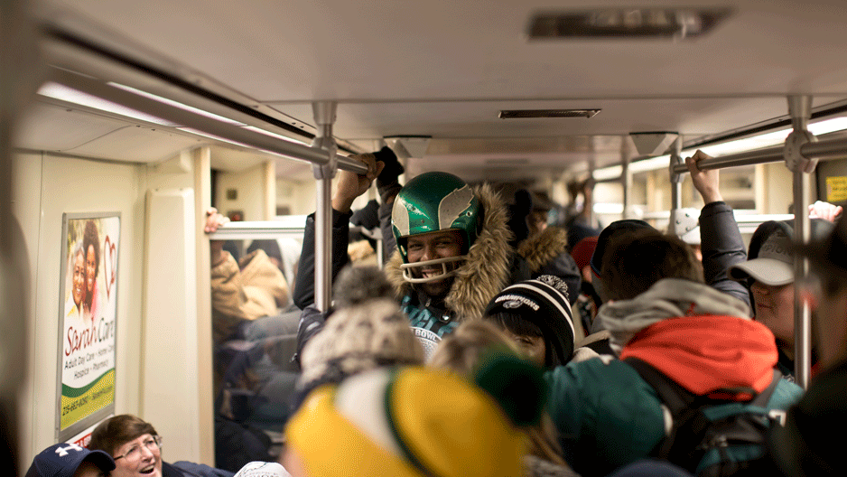 Fans pack the subway heading to the Eagles parade