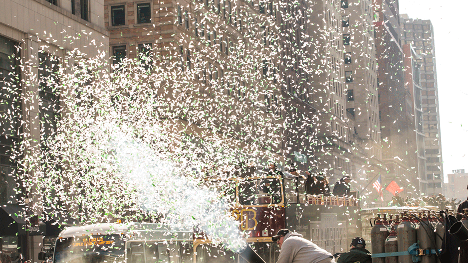 Confetti flying in Center City during Eagles parade