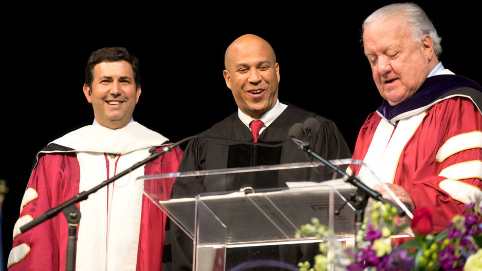 U.S. Sen. Cory Booker with Temple trustees Drew Katz and Chair Patrick O'Connor