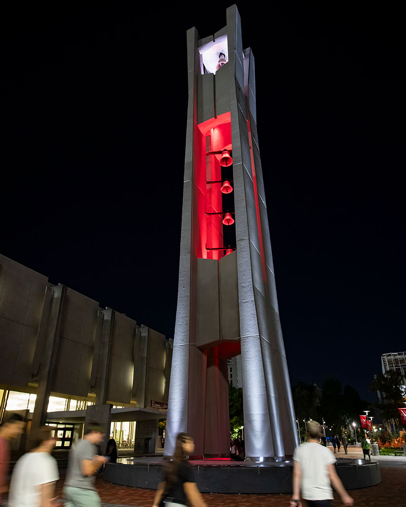 the Bell Tower is lit with red