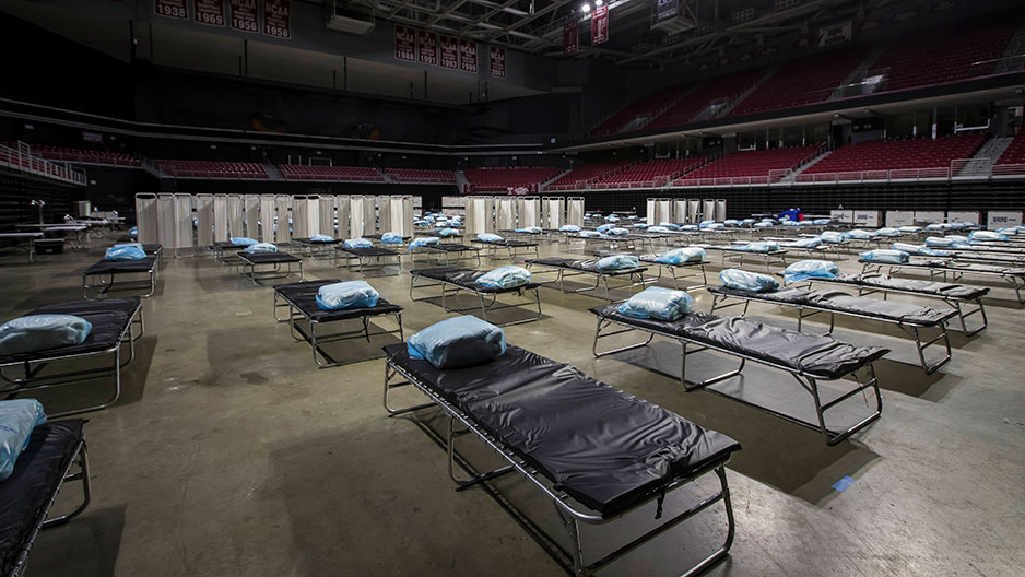 hospital beds on the Liacouras Center floor