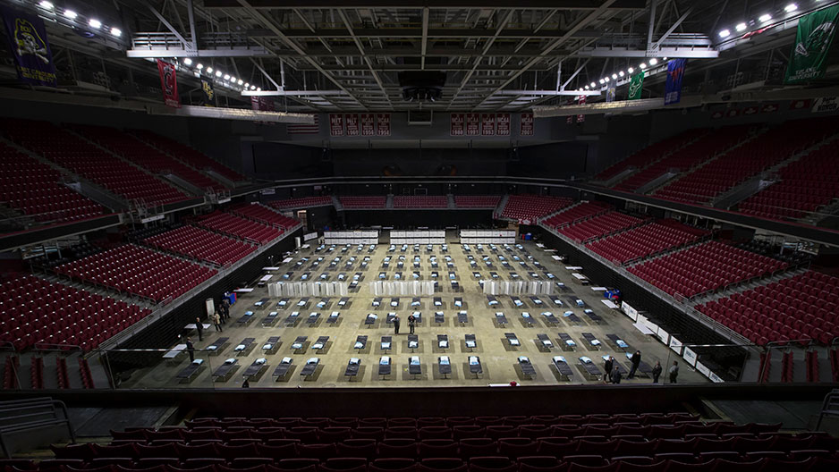 wide shot of field hospital at Liacouras Center