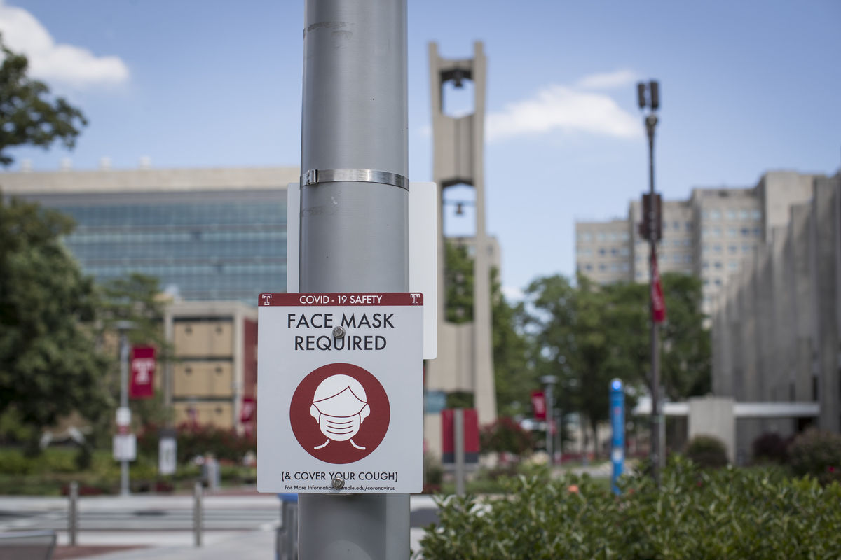 Signs outlining the new face mask rules at Temple University