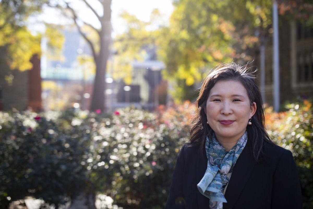 Linda Hasunuma outside on Main Campus