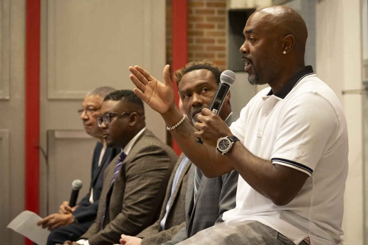 Image of Jimmy Rollins speaking at Wednesday's event.