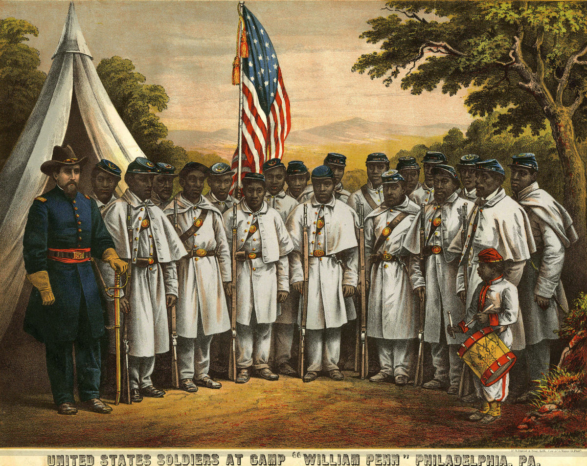 Soldiers at Camp William Penn, the first training ground dedicated to African American troops who enlisted in the Union Army.