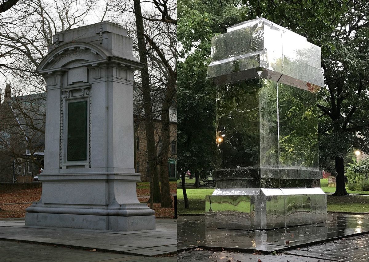 Image of the Battle of Germantown monument and Karyn Olivier's "The Battle Is Joined".