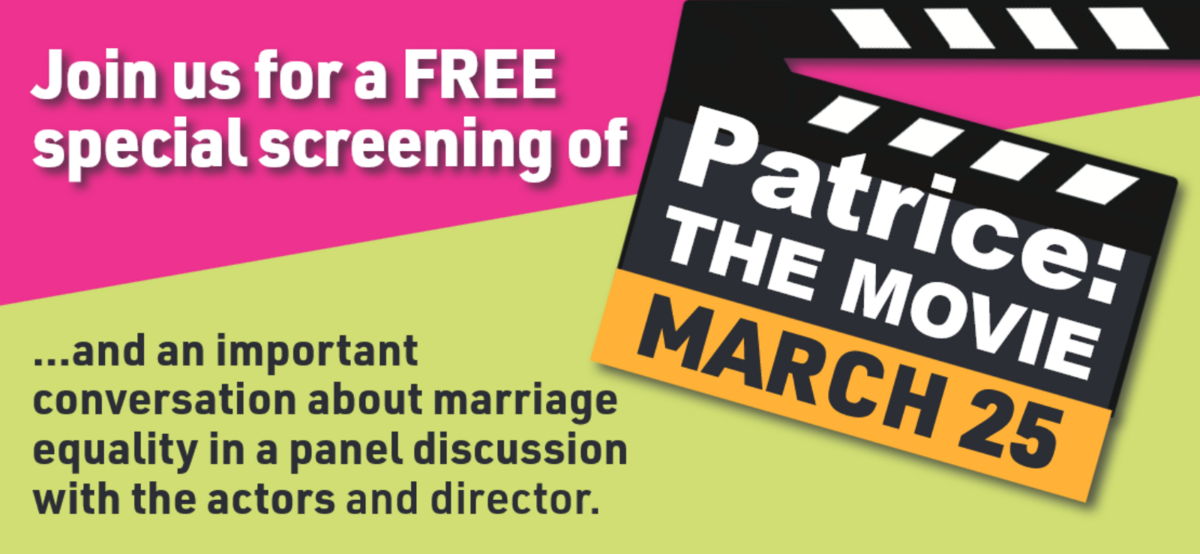 Film clapper board with text Patrice the Movie March 25, Join us for a free special screening