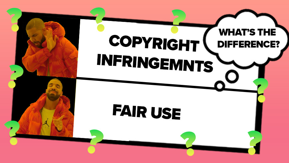 Meme using the Drake Hotline Bling about copyright infringement and fair use.