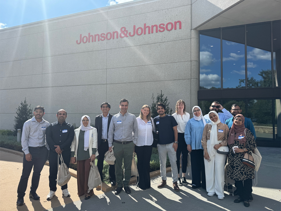 Grad students outside Johnson and Johnson building