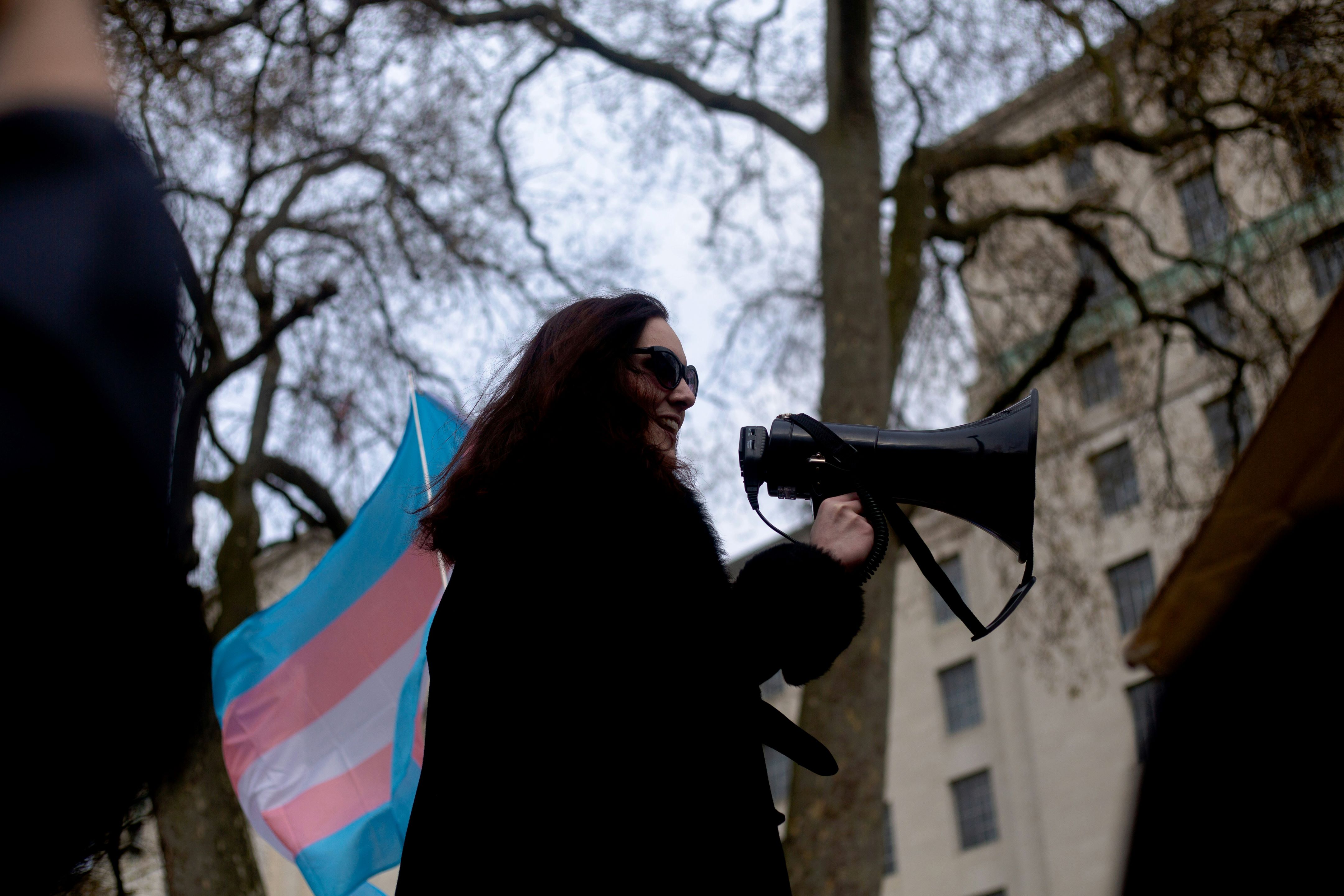 Brown-haired person with long hair stands in front of a trans flag with megaphone