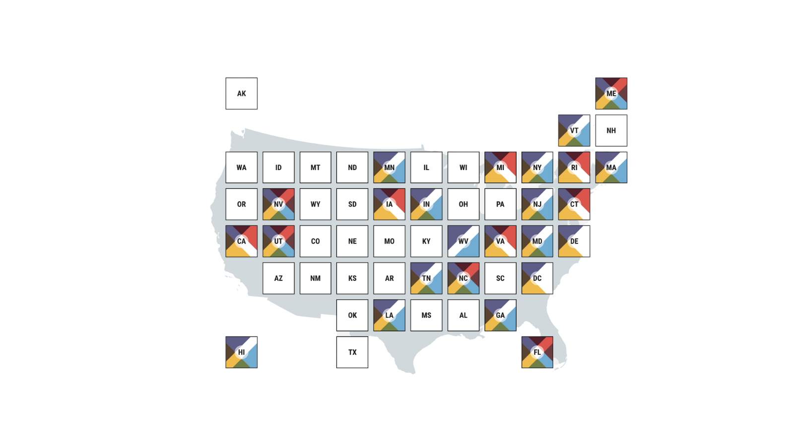 US state map where the states are square tiles. Some of the tiles have four colors, one in each corner