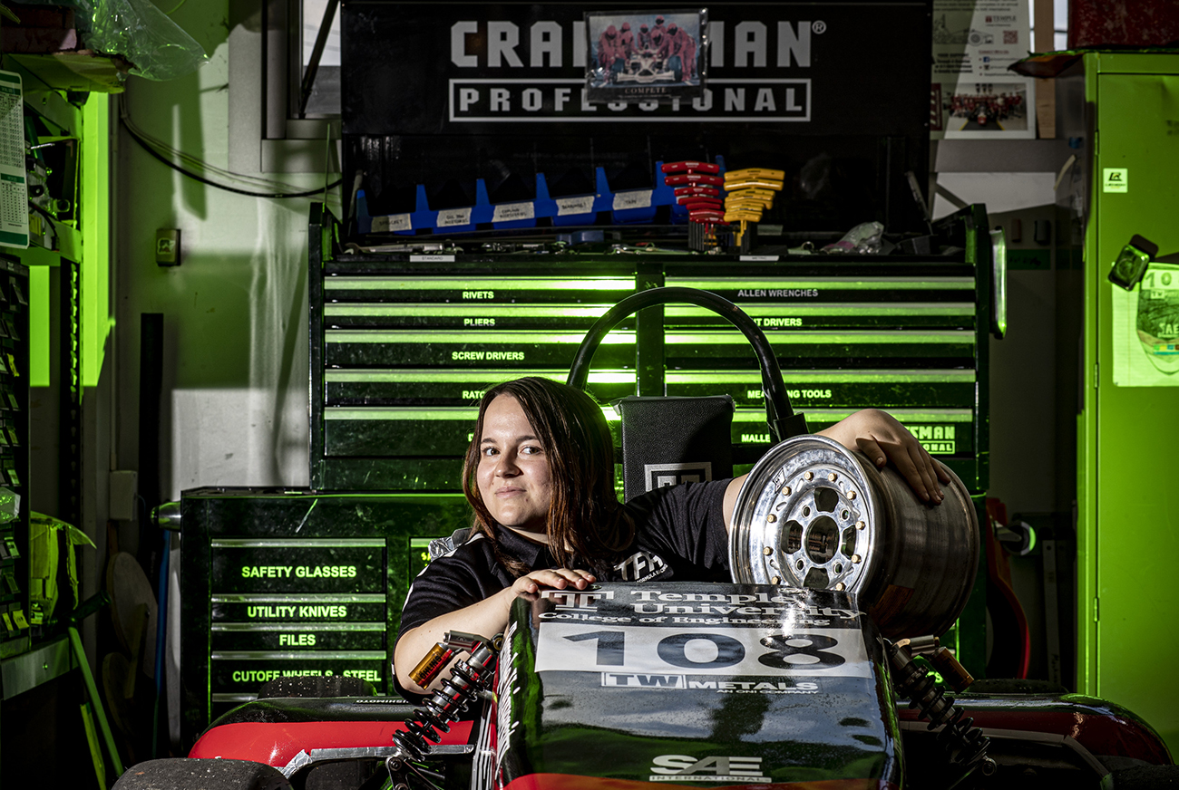 Lillian in the Temple Formula Racing shop.